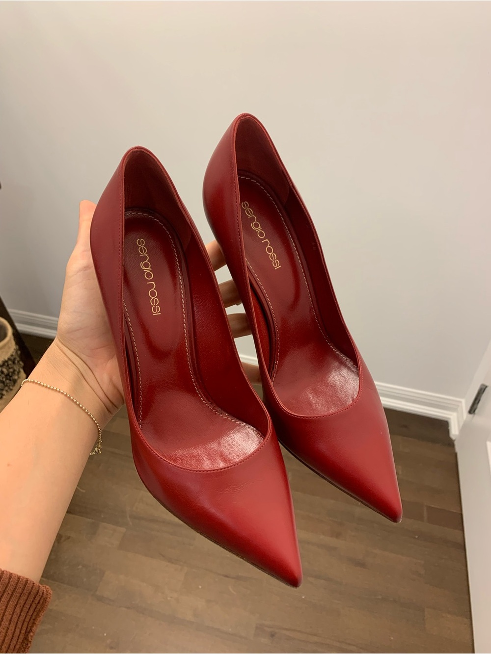 Sergio Rossi Cherry Red Pointed-Toe Leather Pumps
